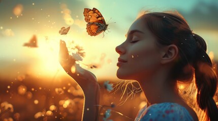 The girl frees the butterfly from moment Concept of freedom
