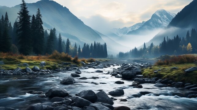 A river in the midst of a foggy mountain landscape.