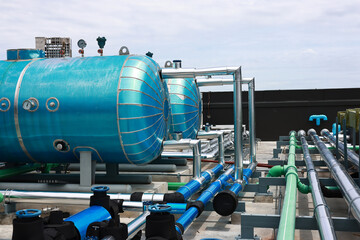High building Piping system for water supply and air conditioning system on rooftop, Mechanical...