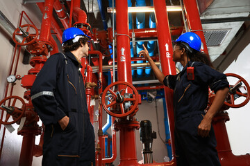 Male and Female engineer working in fire extinguishing room , extinguishing piping system