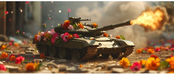 Toy tank fires a bouquet of flowers. Peace concept background 3D Rendering