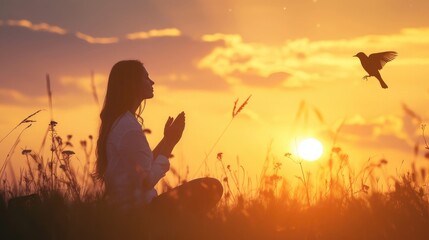 Woman praying and free bird enjoying nature on sunset background, hope concept