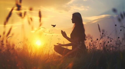 Woman praying and free bird enjoying nature on sunset background, hope concept