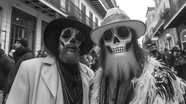 Two males having fun at Mardi Gras style festival  - sunglasses - beads - costume - black and white - day of the dead 