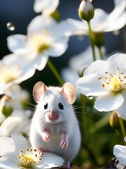 Little mouse wild flower background, animal pet close-up portrait