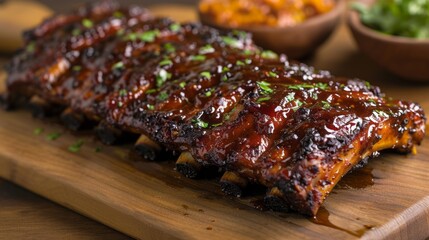 Close-up of delicious fried ribs glazed in honey and soy sauce on a wooden serving board. American BBQ pork ribs. Background image for the menu. - obrazy, fototapety, plakaty