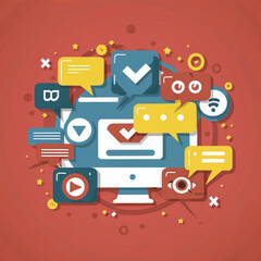 Fototapeta na wymiar 2d vector illustration colorful social media boost , influence blogger E-marketer via Internet pages marketing referral