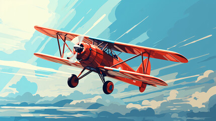 red vintage plane flying in the blue sky