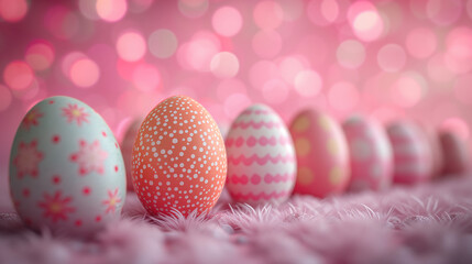 Beautiful pink easter eggs close-up background. Pastel colored eggs with cute pattern