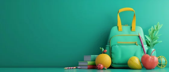 Poster School accessories with school bag on green background with copy space. Ready for school concept. 3D Rendering, 3D Illustration © Ahtesham