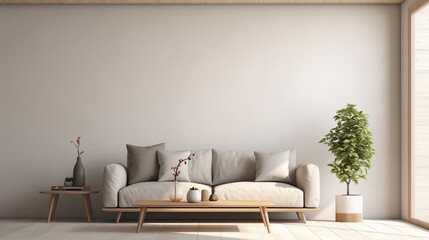 An illustration of a modern and minimalist living room decoration rendered in 3d.