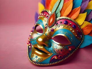 The concept of party and entertainment is represented by a vibrant carnival mask adorned with a multitude of bright colors, leaving ample space for text. Generative AI