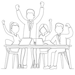 Group of single line drawing of happy young businessmen and entrepreneurs giving thumbs up gesture together. Business meeting concept. Continuous line draw design vector illustration