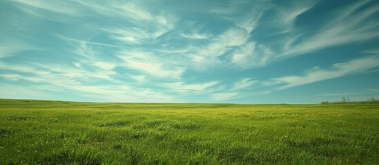 Green Grassland and Sky: A Captivating Background of Verdant Fields and Serene Atmosphere for Mesmerizing Visuals - obrazy, fototapety, plakaty
