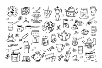 Set of hand drawn coffee and tea theme elements in doodle style. Coffee time. Tea shop. Vector illustration EPS10. Isolated on white background