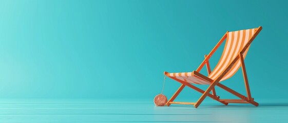 Orange beach chair with summer accessories on turquoise blue background 3D Rendering, 3D Illustration - obrazy, fototapety, plakaty