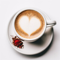 Fototapeta premium A Perfect Cup of Coffee with a Heart-Shaped Foam Art, Surrounded by Scattered Coffee Beans and a Touch of Love