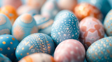 Beautiful colorful easter eggs close-up background. Pastel colored eggs with cute pattern