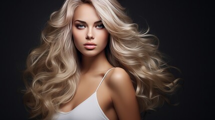 In a studio, there is a beautiful blonde woman with long hair posing nicely.