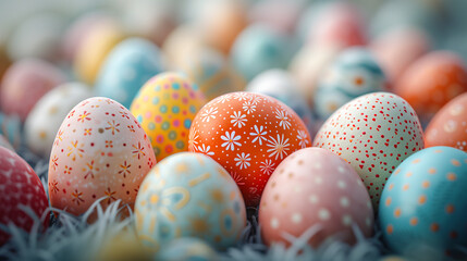 Beautiful colorful easter eggs close-up background. Pastel colored eggs with cute pattern
