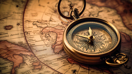 Fototapeta na wymiar Retro compass on ancient world map