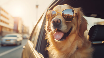 Beautiful sunset golden hour light photo of smiling Golden Retriever cute dog in fancy sunglasses during evening car city tour with open window. Lovely pets, animals and transportation concept photo.