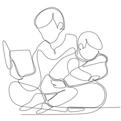 continuous single line drawn father reading a book to little son hand drawn silhouette illustration. Art line. doodle