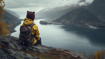 A hiker girl at the top of the mountain with breathtaking view of a lake rocks and autumn colored trees. Lifestyle of hiker. cinematic shot