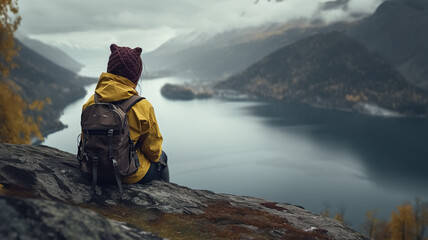Obraz premium A hiker girl at the top of the mountain with breathtaking view of a lake rocks and autumn colored trees. Lifestyle of hiker. cinematic shot