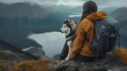 Cinematic image of a hiker girl sitting with husky at the top of the mountain with rocks, autumn trees and lake. Long shot of a beautiful scene in autumn from the top. Moody colors.