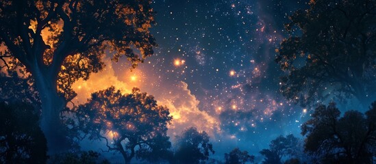 Fototapeta na wymiar Enchanted Night: Majestic Sky, Mystical Trees, and a Tapestry of Stars Illuminate the Night Sky, Trees, and Stars