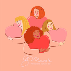 Set  of different women with hearts in their hands. 8 march. Happy women's day card concept. Cute happy women with smiles. 
