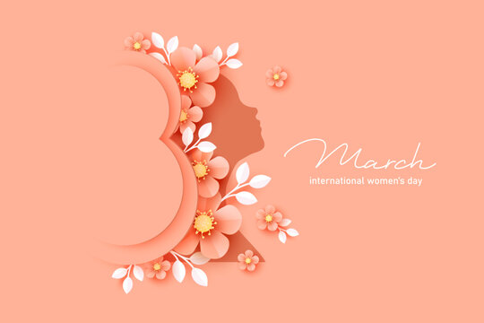 8 March.  International Women's Day greeting card. Paper art beige, peachy flowers, leaves, woman silhouette. 