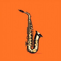 Flat image of saxophone on orange background. Simple vector image of a saxophone. Digital illustration - obrazy, fototapety, plakaty