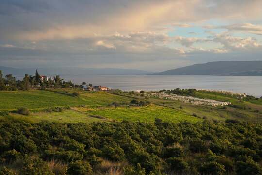 view of Sea of Galilee or Kinneret lake and Church of Beatitudes at sunset in the winter in Northern Israel. 