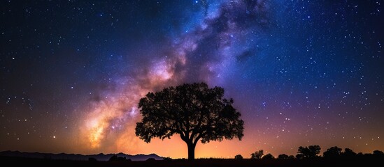Captivating Milky Way Stars Illuminate Majestic Tree Silhouette against the Milky Way Stars,...