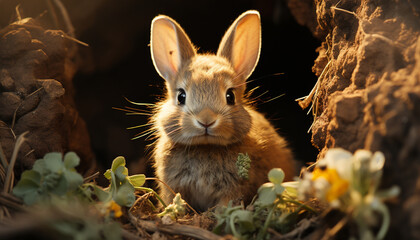 Fluffy baby rabbit sitting in green meadow, enjoying nature generated by AI