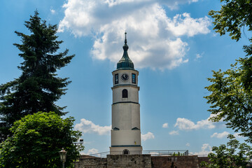 Fototapeta na wymiar Sahat, (Clock Kula) Tower, was built in the mid-18th century in Baroque style and is located in the Kalemegdan castle park. Belgrade, Serbia