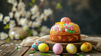 easter cake and colorful painted eggs decoration 