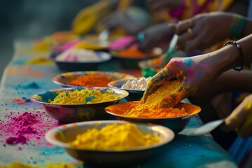 Group of People Standing Around Bowls of Food at a Social Gathering. Holi nfestival