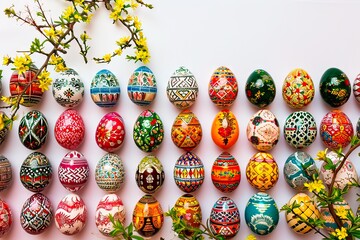 Presentation of original hand-painted Easter eggs on a white background.