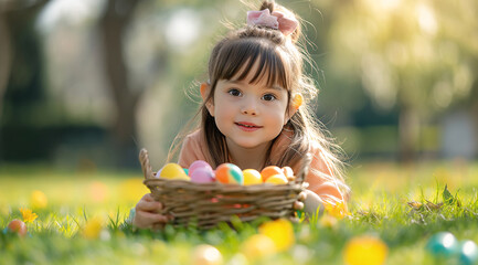 Girl lying in grass with a basket of eggs. A joyful toddler girl rests in a vibrant field, surrounded by flowers and holding a basket of freshly collected eggs, her innocent face beaming with pure del