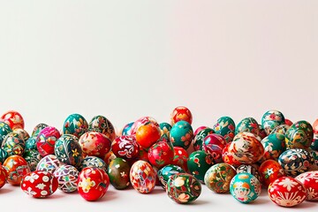A large number of coloured Easter eggs lying on a white background.