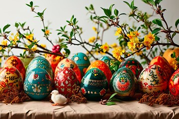 Close-up of an Easter centrepiece on a festive table.