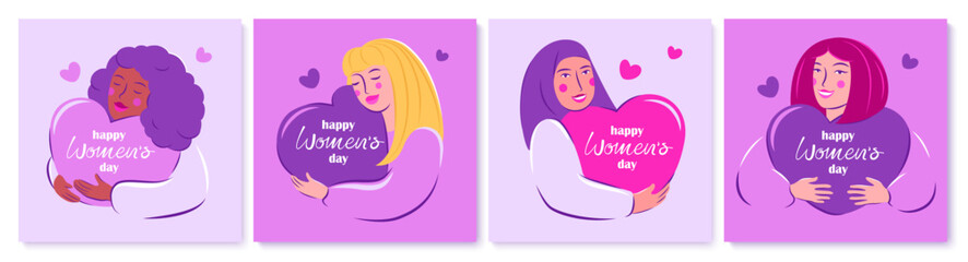 Set of different women with hearts in their hands. 8 march. Happy women's day card concept. Cute happy women with smiles. 