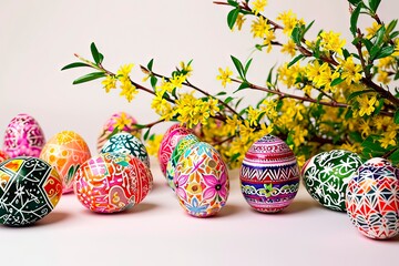 A cheerful composition of colourful Easter eggs and spring flowers.