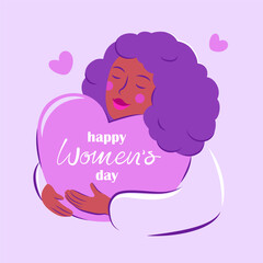 Set  of different women with hearts in their hands. 8 march. Happy women's day card concept. Cute happy women with smiles. 