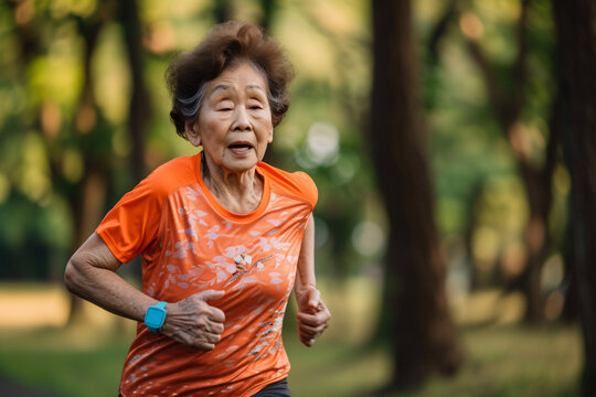 An older Asian woman going for a run in the forest, keeping active in old age