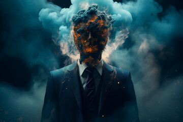 A businessman in a suit with fire and smoke surrounding him.
