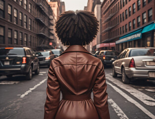 Woman walking in the middle of a big street. Big city. New York. Black and african woman. Generative AI	